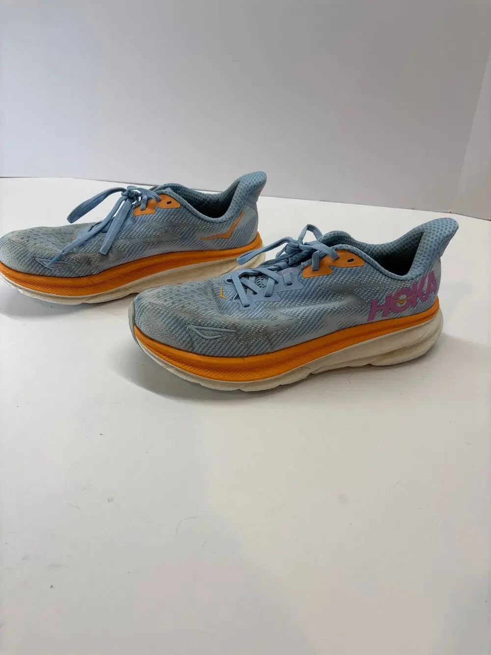Hoka Clifton Men’s Size 9.5 D Blue Orange Running Shoes Athletic Sneakers